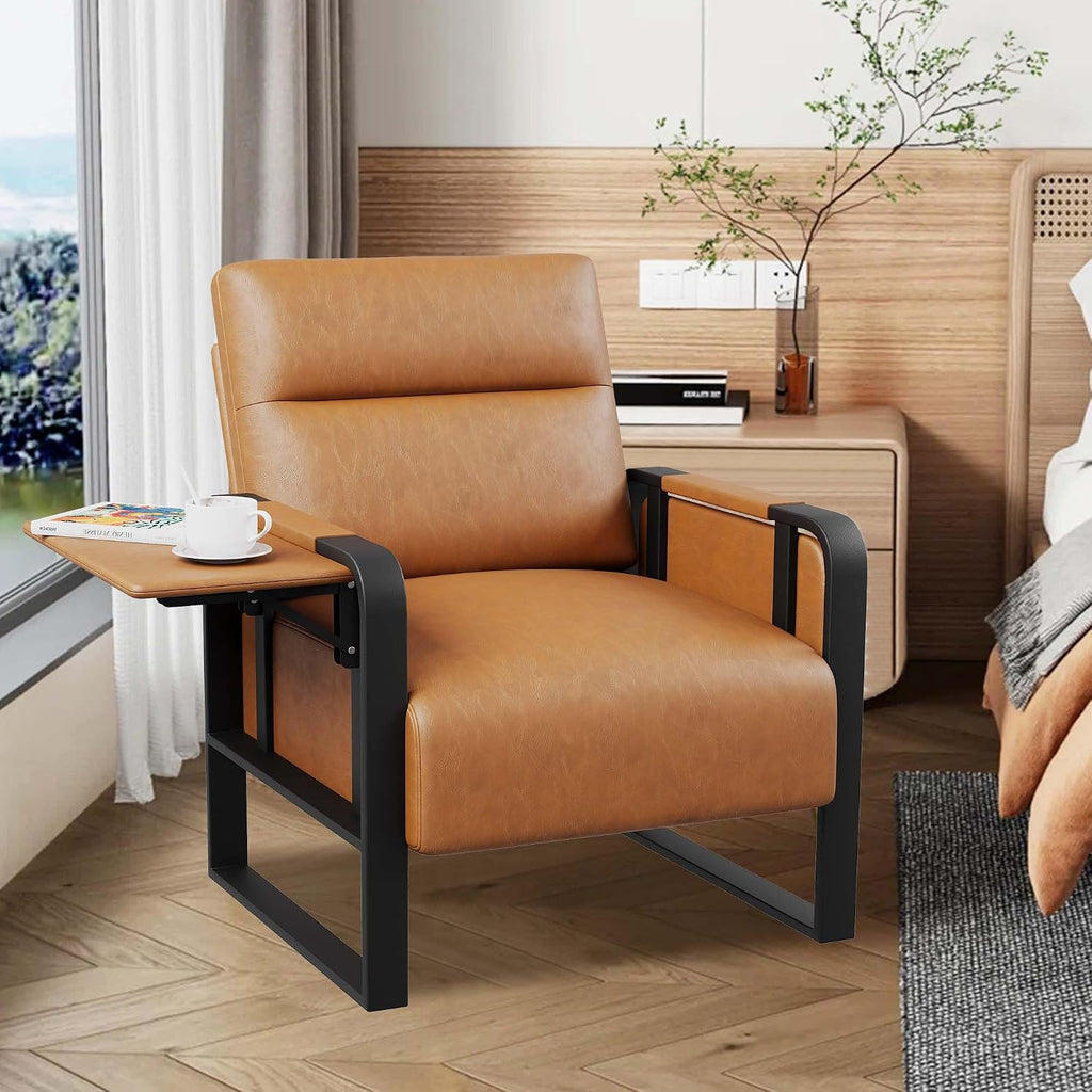 Brown Accent Chair PU Leather Upholstered Armchair with Side Table