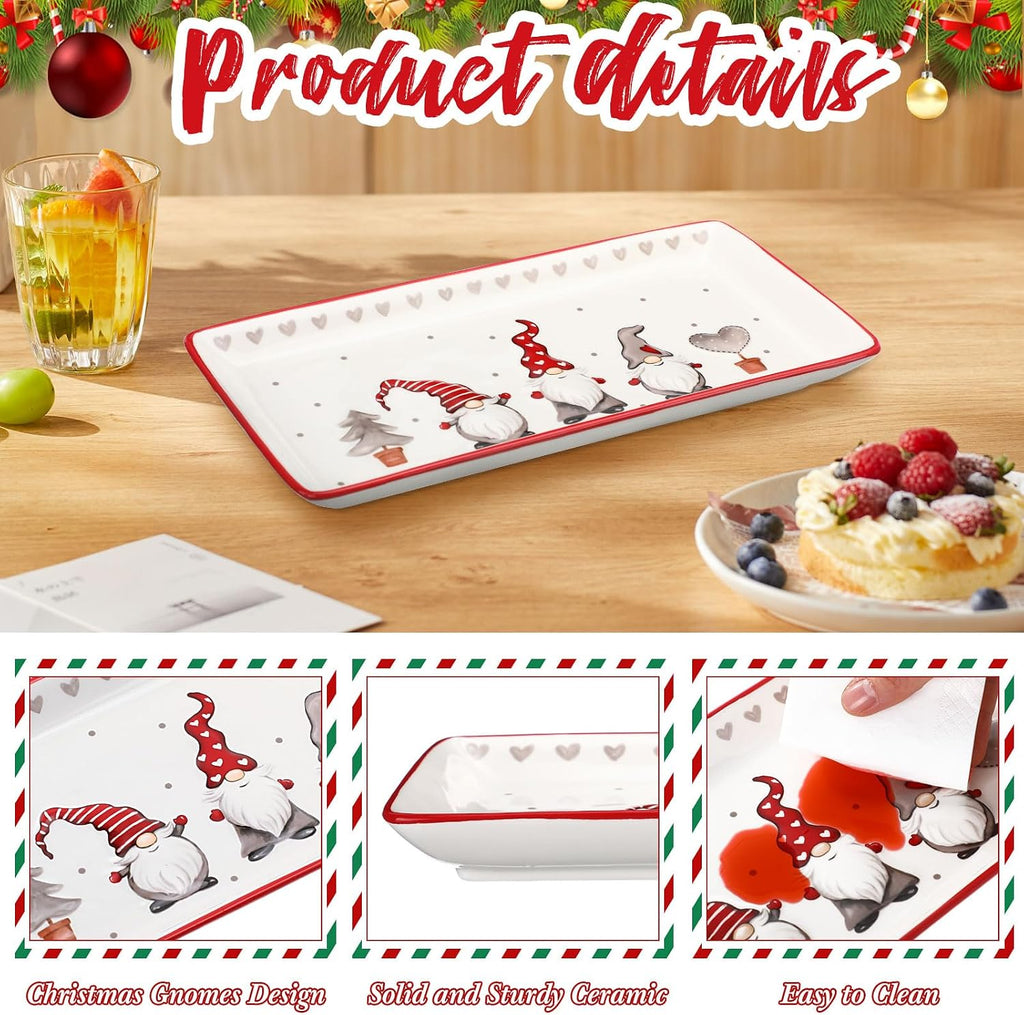 Christmas Ceramic Serving Platter Set of 2 Christmas Porcelain Trays Gnomes Serving Plates Rectangular for Food Salad