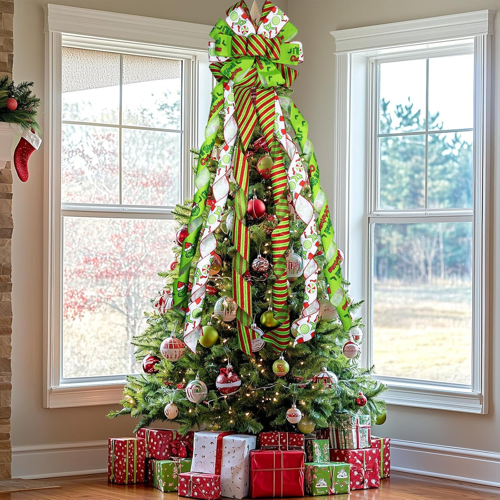 Large Christmas Tree Topper Bow 52x13 Inch, Pre-Tied Wired Wreath Ribbon