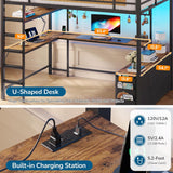 Full Loft Bed with U-Shaped Desk, 7-Drawer Storage and 2-Tier Shelves, Built-in Charging Station and RGB LED Lights