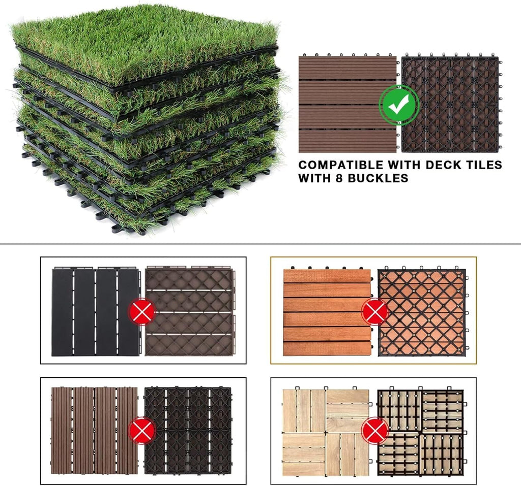 Outdoor Artificial Grass Tiles Interlocking Turf Squares 9 Pack, 12"x12" Fake Grass Mat for Balcony Patio Deck Flooring