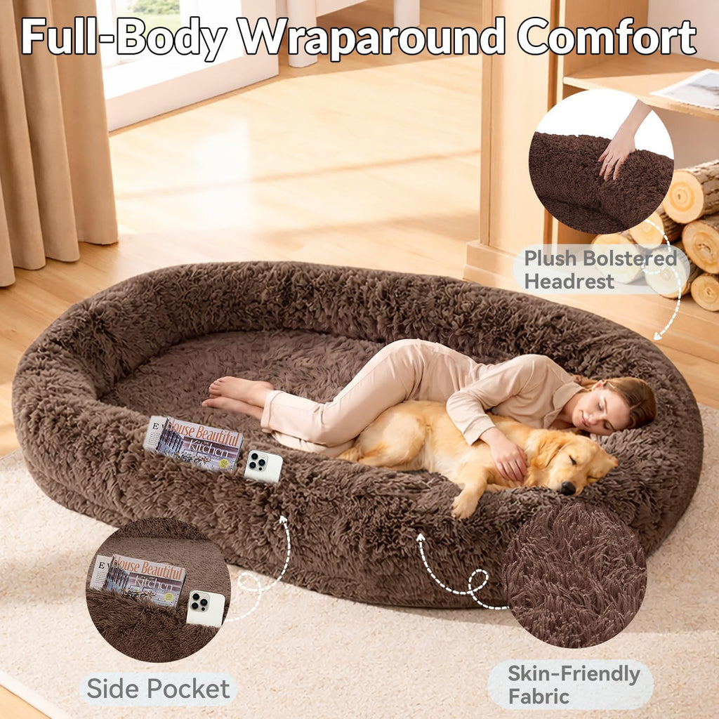 Human Dog Bed for Adult Faux Fur Washable Human Dog Bed Portable Handle, Egg Orthopedic Foam Human Bed