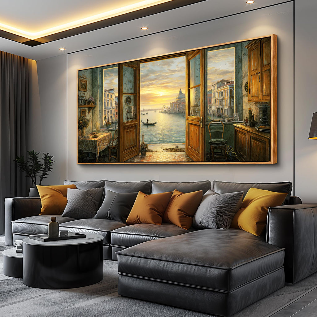 Extra Large Framed Canvas Print Wall - Italy Venice Pictures Wall Decor-Rustic Countryside Landscape Illustrations