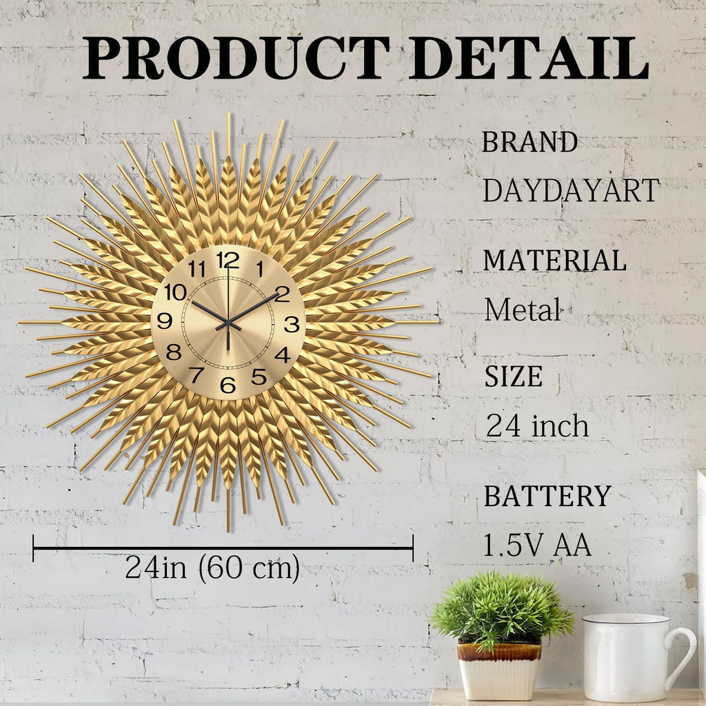 Modern Large Wall Clock Decorative Metal Mid Century Wall Clocks, Gold Big Silent Non-Ticking Clock, Modern Handmade