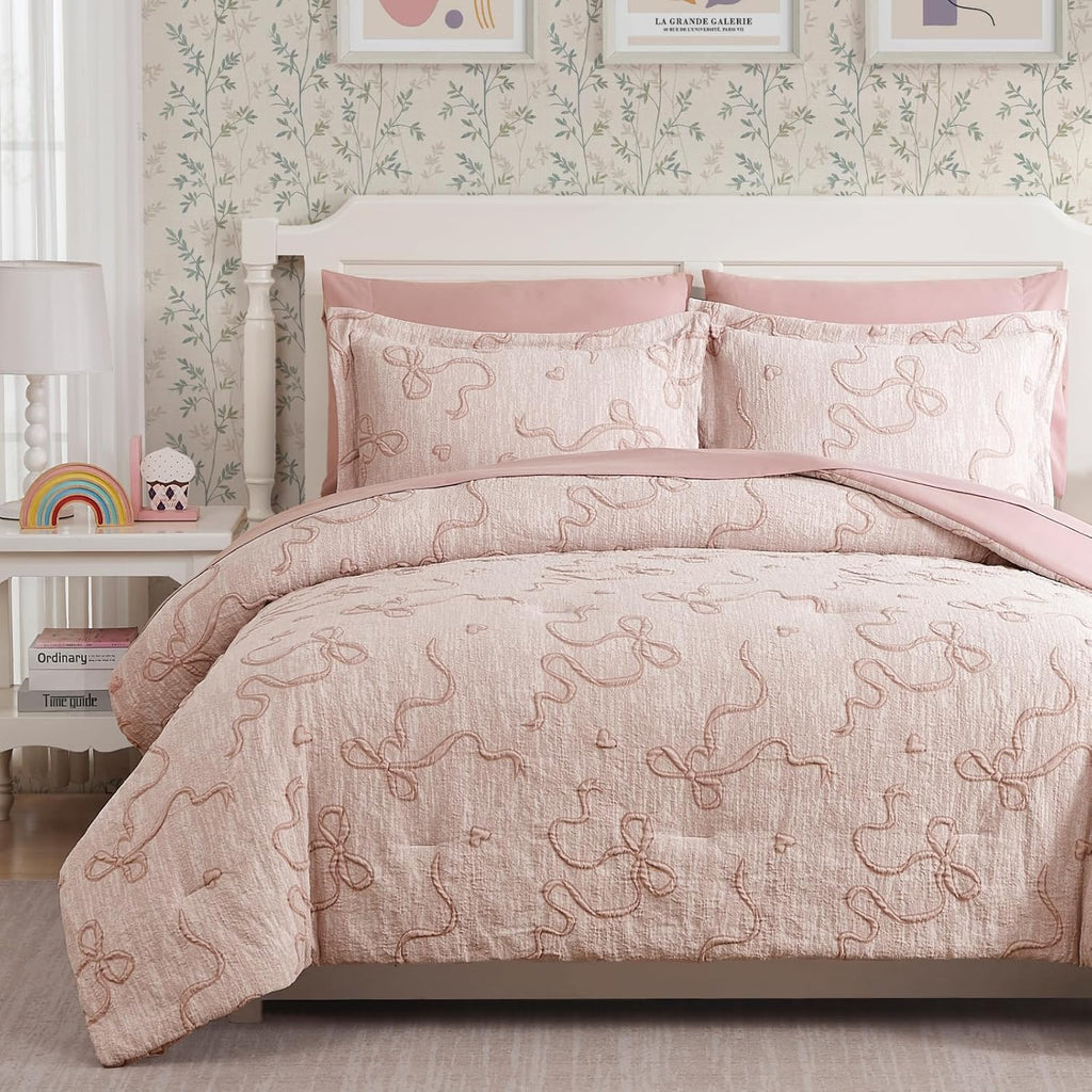 Pink Twin Comforter Set for Girls- 5 Pieces Bowknot Jacquard Bed in A Bag Twin Bedding Sets with Sheets, Pillowcases