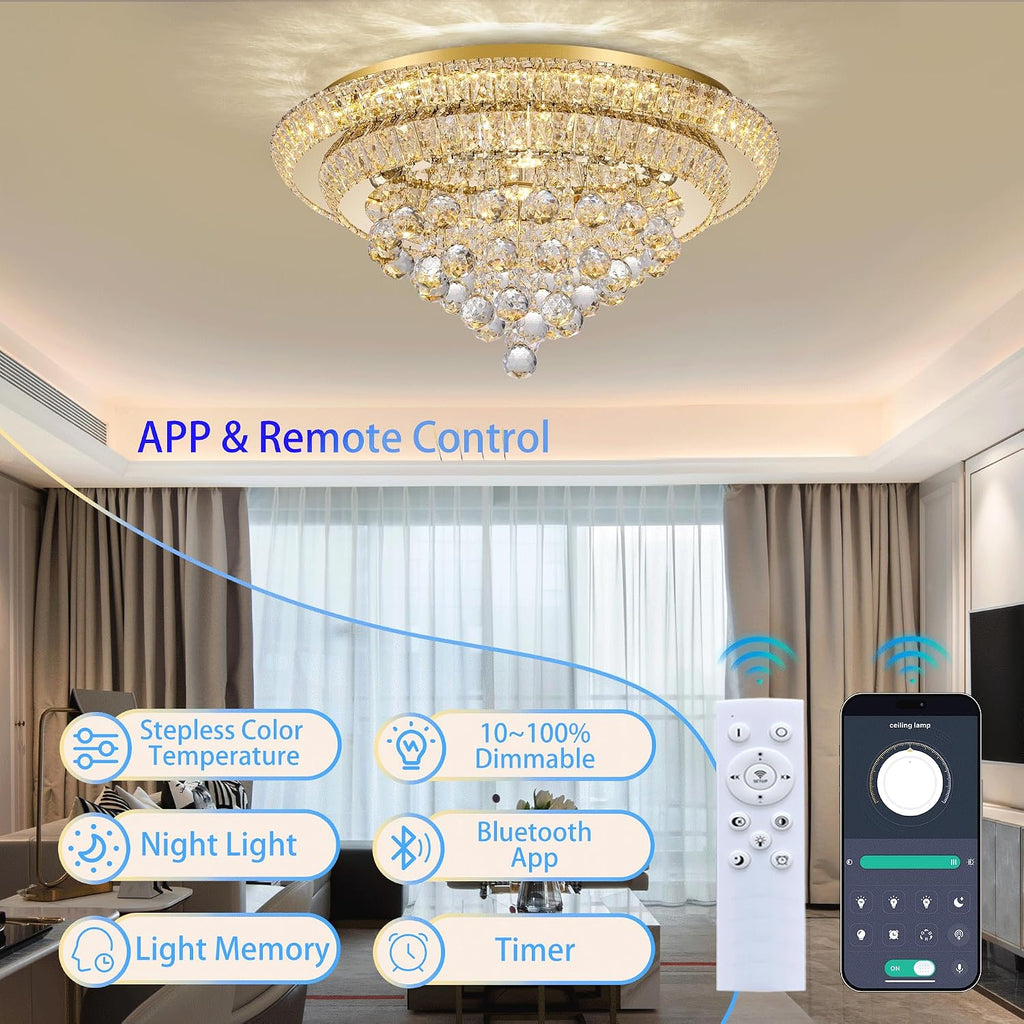 24 inch Crystal Chandeliers With Remote and APP Control, Modern Luxury Flush Mount Gold Chandelier, 3CCT Dimmable