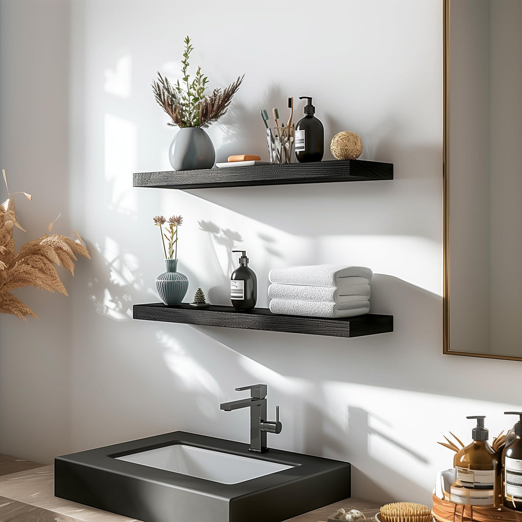 Wood Floating Shelves for Wall, Wooden Wall Shelves, Set of 6 Black 17 Inch