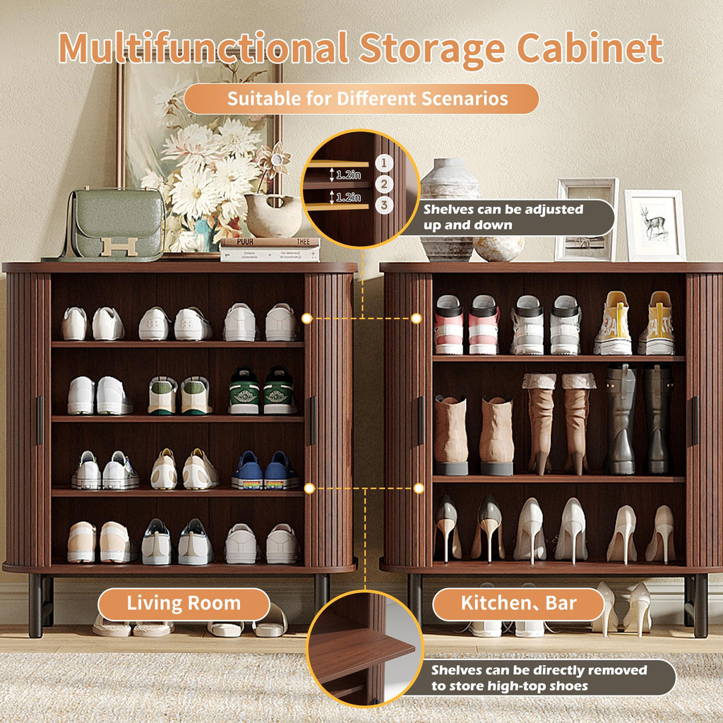 Shoe Storage Cabinet with Smooth Fluted Sliding Doors, 4-Tier Shoe Cabinet Storage, Narrow Hidden Shoe Rack for