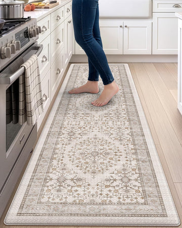 Kitchen Floor Mats Cushioned Anti Fatigue Runner Rug, 23x86 | Beige/White Soft Comfort Memory Foam, Easy Care