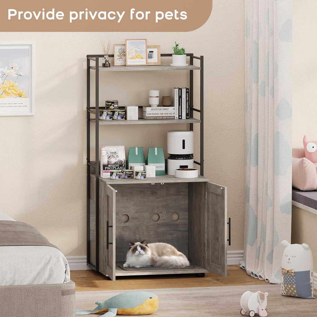 Cat Litter Box Enclosure with 3 Metal Storage Shelves