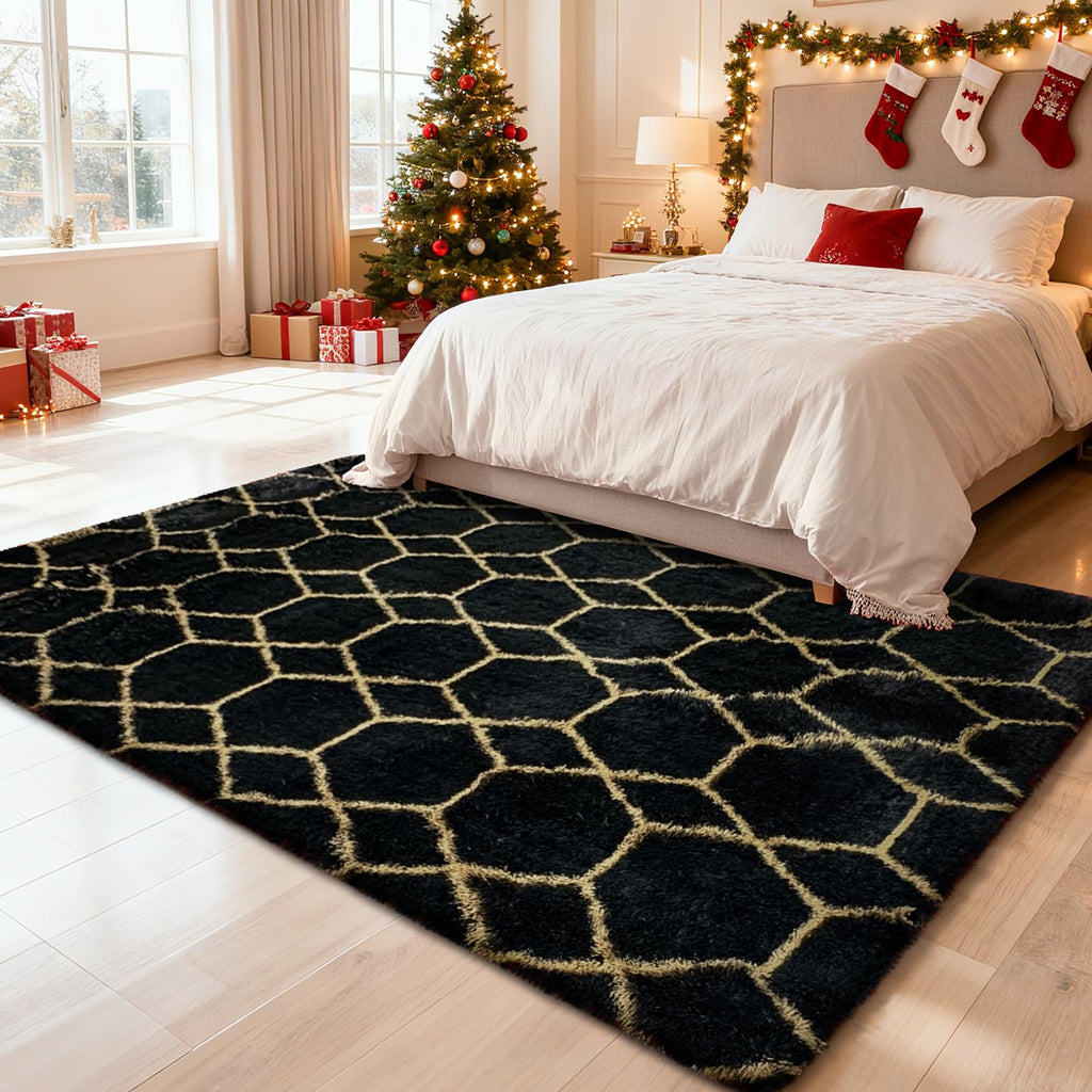 5x8 Shag Area Rug, Black and Gold Fluffy Rugs
