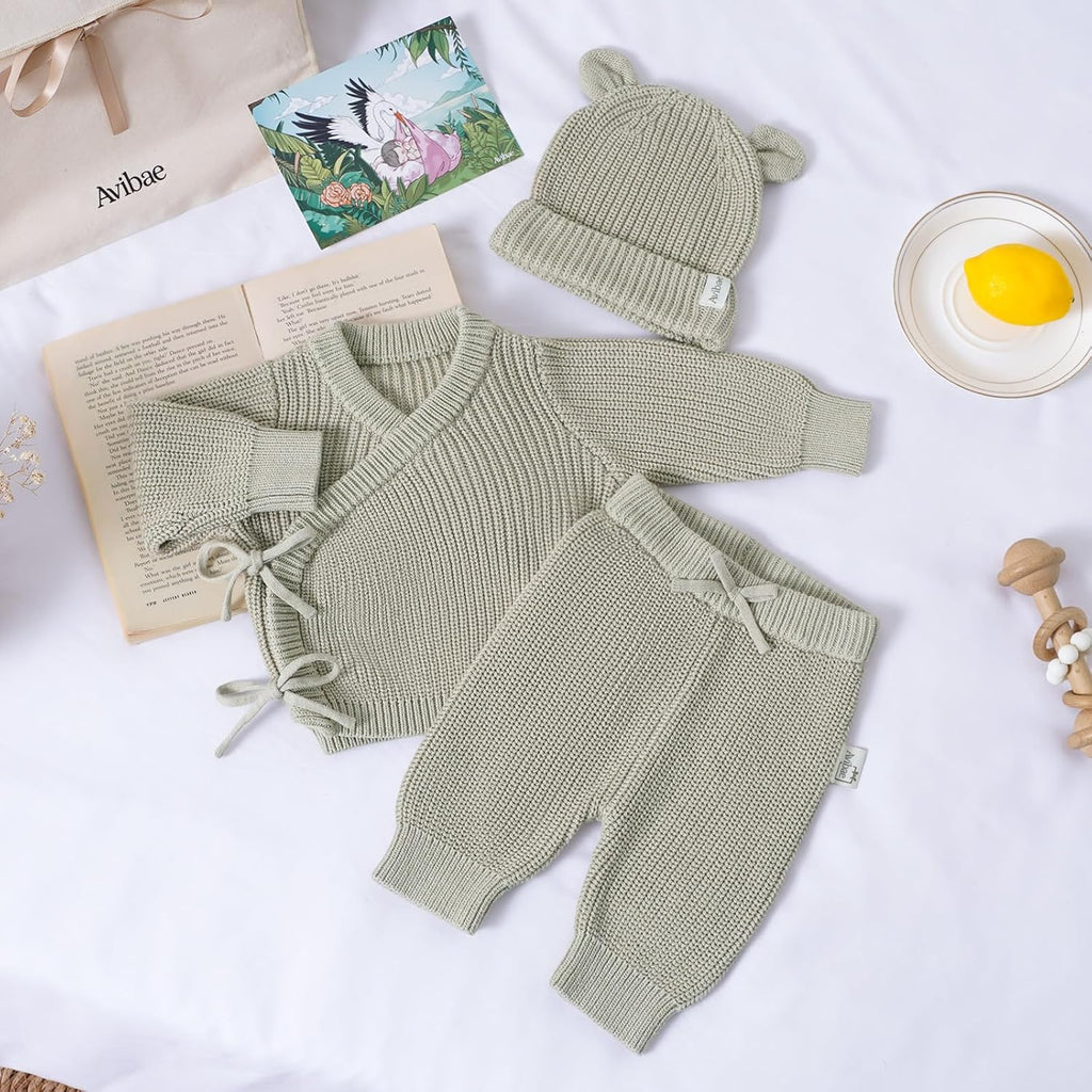Baby Cotton Knit Set with Hat, Sweater and Pants, Coming Home Outfit