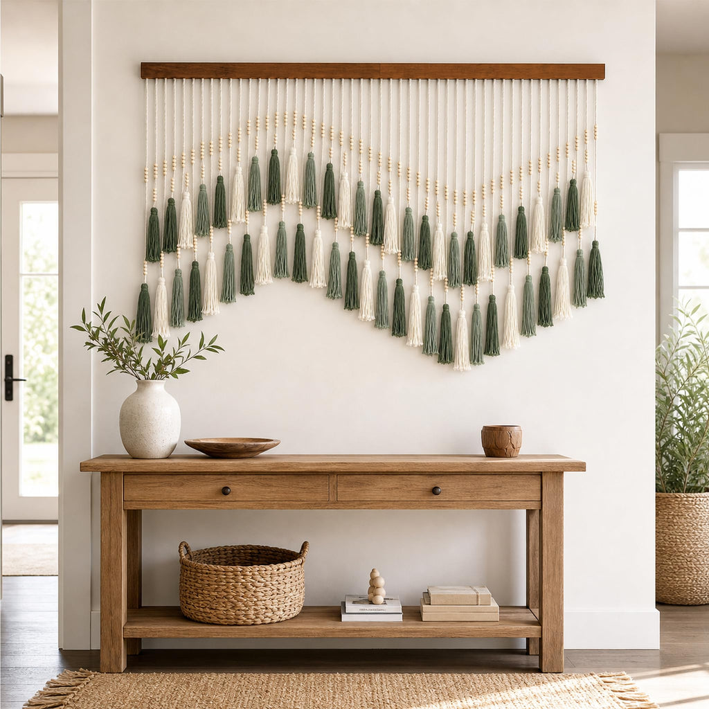 Large Boho Macrame Wall Hanging 59×37", Farmhouse Hanging Green & White