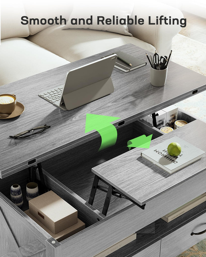 40" Lift Top Coffee Table, 4 in 1 Coffee Table with Hidden Compartment, 1 Open Shelf and 2 Drawers, Multifunctional