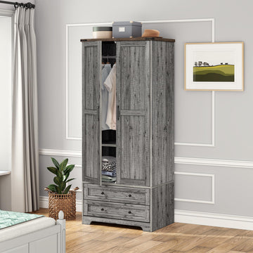Wooden Armoire Wardrobe Closet with Drawers, Grey, 2 Doors, 71" Tall