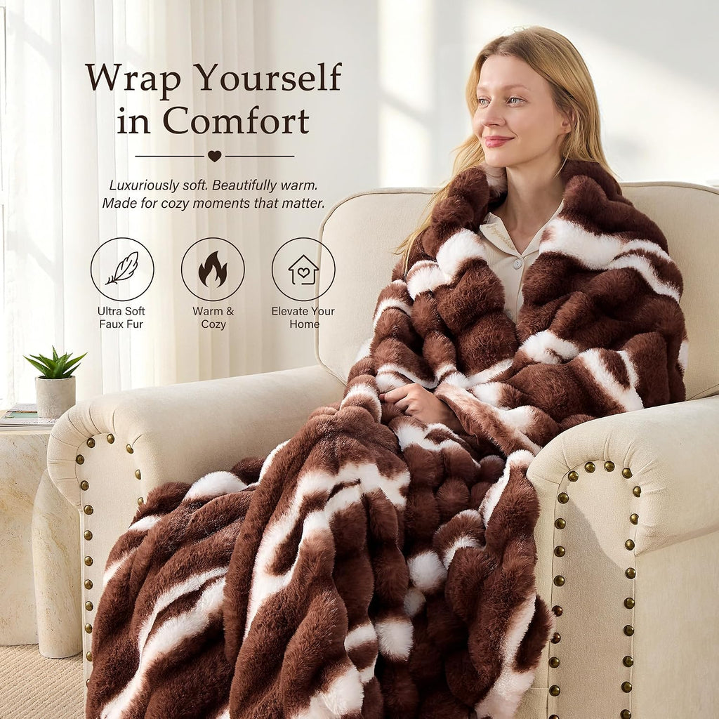 Faux Rabbit Fur Throw Blanket, Plush Fuzzy Blanket, 60" × 80", Brown | 850GSM Thick Warm Fluffy Blanket for Couch