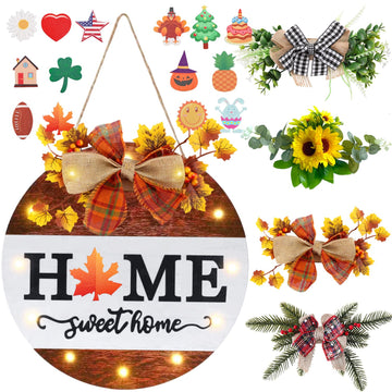 Interchangeable Welcome Sign for Front Door with 4 Seasonal Wreaths, Door Wreaths for Front Door with 12 LED Lights