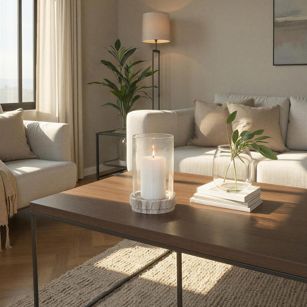 Round Marble Taper/Pillar Candle Holder with Glass Hurricane, Beige Finish