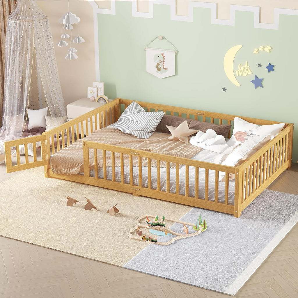 Queen Montessori Bed with High Fence and Guardrail, Solid Wood Floor Bed Frame for Kids Boys Girls, Natural