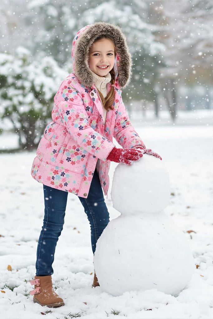 Girls Winter Coat Jacket Fur Hooded Long Puffer Jacket Flower Print Warm Outdoor Coats for Kids