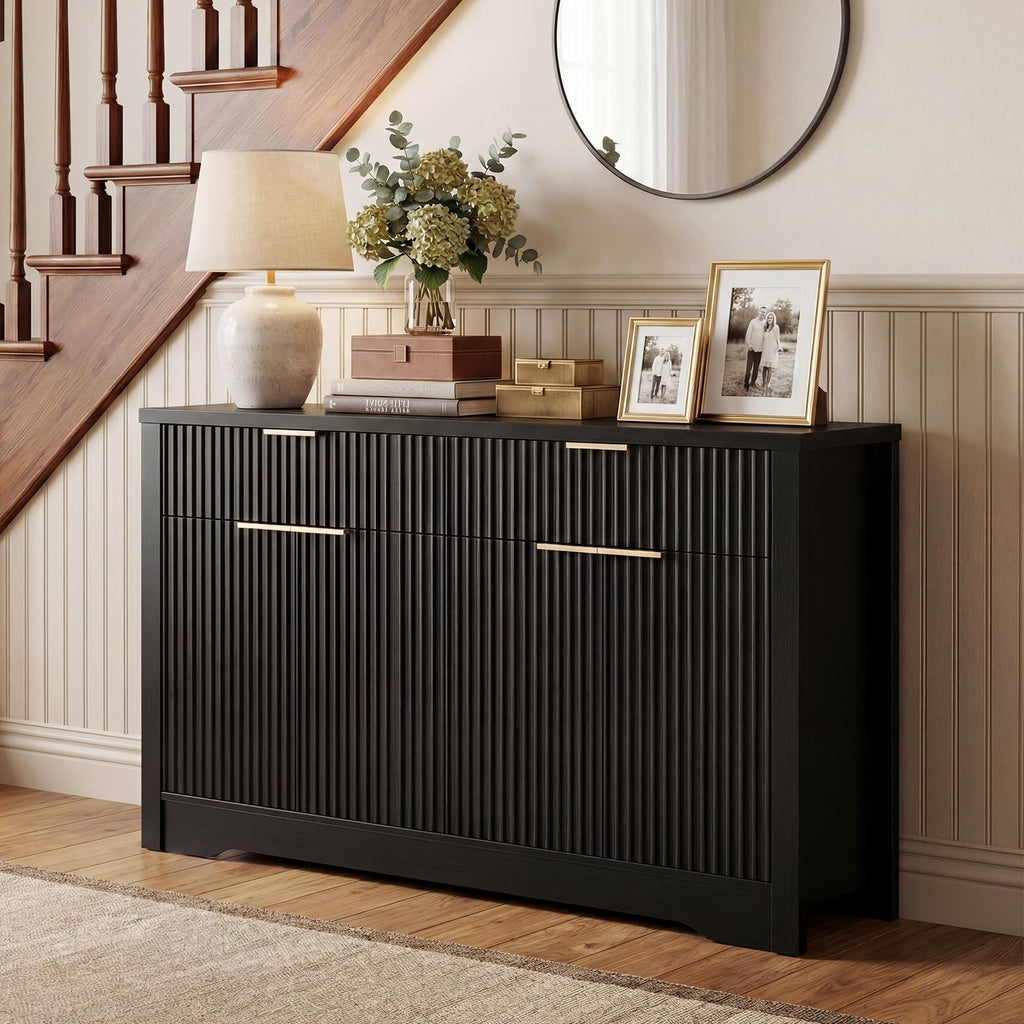 55" Fluted Sideboard Buffet Cabinet with Drawers (Black, 4 Doors)