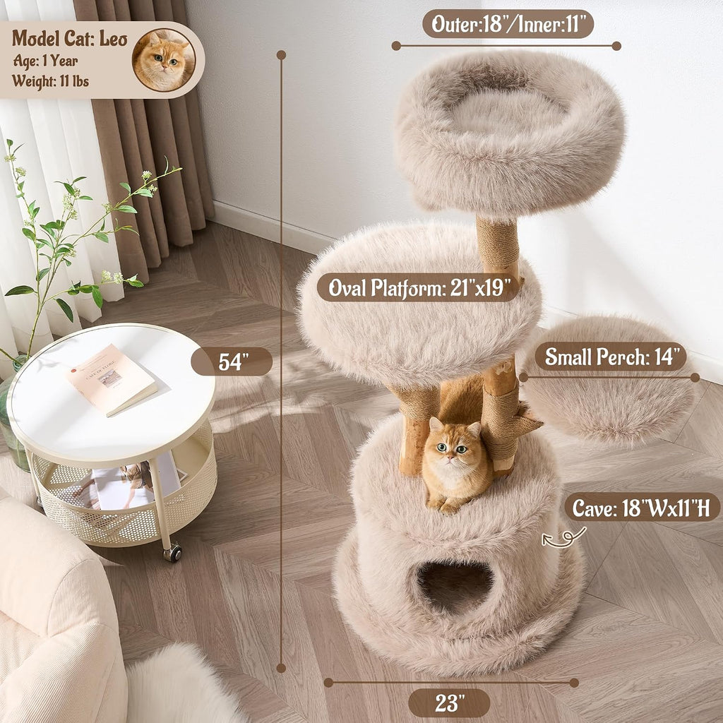 54" Modern Aesthetic Cat Tree Tower for Indoor Cats with Branch-Style Natural Wood Scratching Posts, Luxury Plush