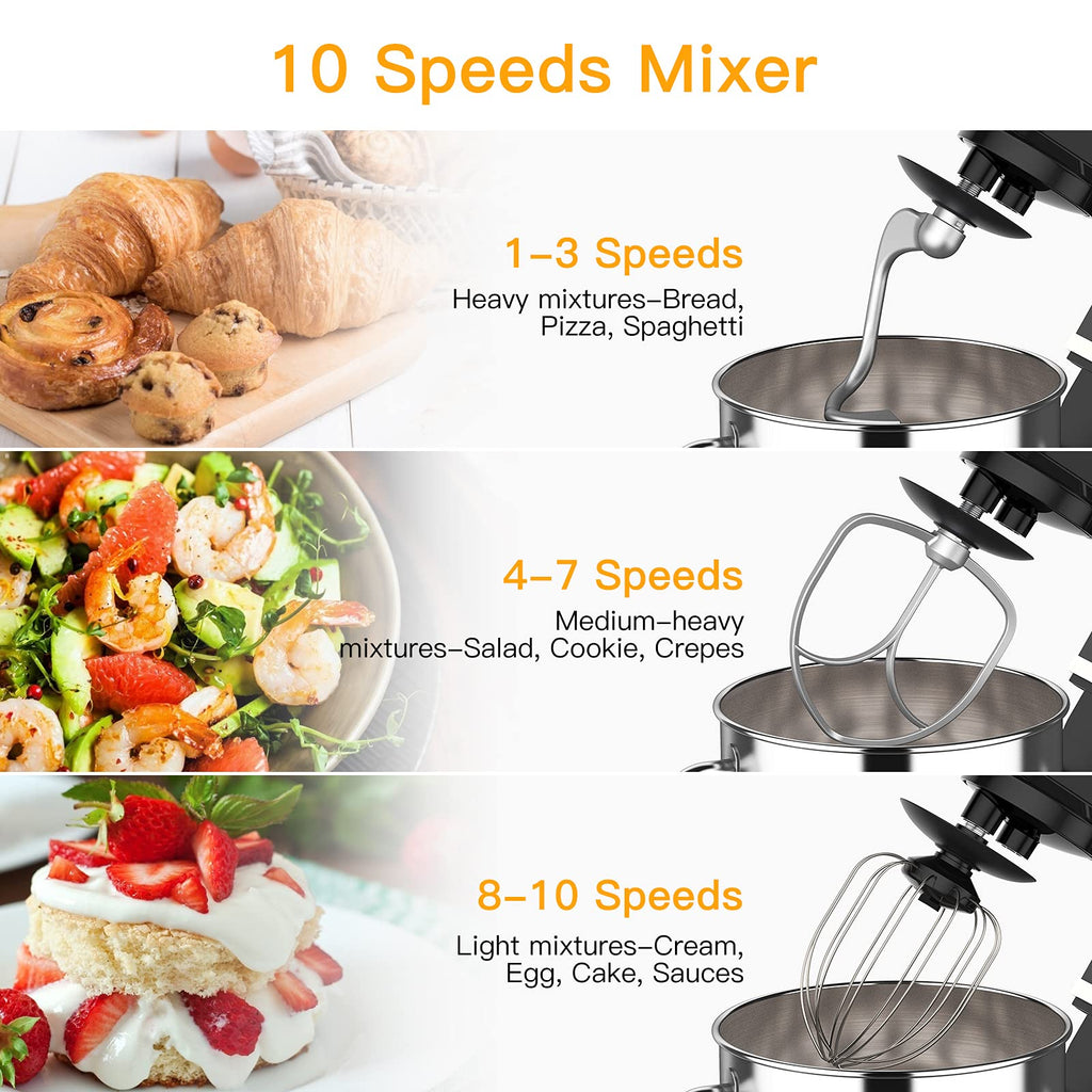 7.5 QT Stand Food Mixer, 10-Speed Tilt Head 3 in-1 Kitchen Electric Mixer with Stainless Steel Bowl, Egg Whisk, Dough