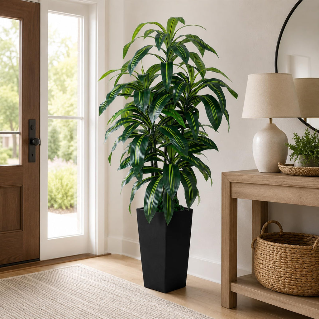 5FT Artificial Dracaena Tree, Fake Tree Indoor with Black Tall Planter, Tall Artificial Plants Indoor, Artificial Silk