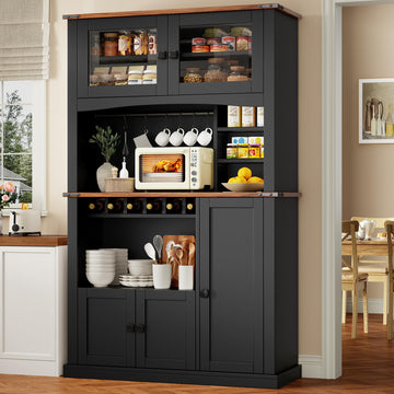 71" Tall Kitchen Pantry Cabinet with Charge Station, 3 Adjustable Shelves, Wine Rack and Glass Door, Kitchen Hutch