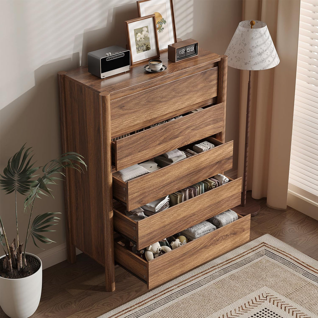 45" Tall Walnut 5 Drawer Dresser with Solid Wood Legs