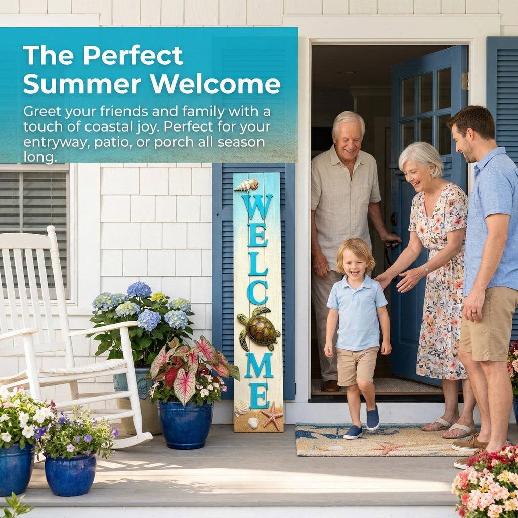 Vertical Wooden Sea Turtle Welcome Porch Sign, Rustic Summer Porch Standing Sign, Beach Decorative Plaques for Front