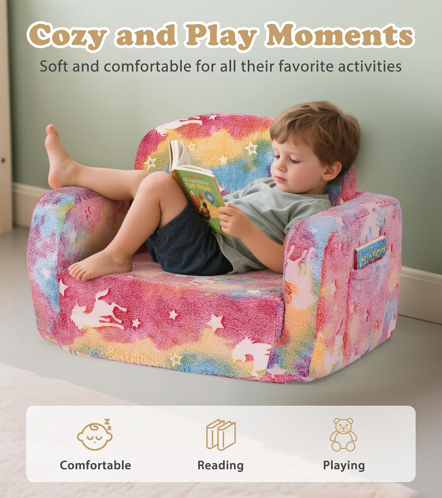 Kids Couch, in-1 Soft Toddler Couch Fold Out with Blanket and Cloud Pillow, Glow in The Dark, Toddler Chair Comfy