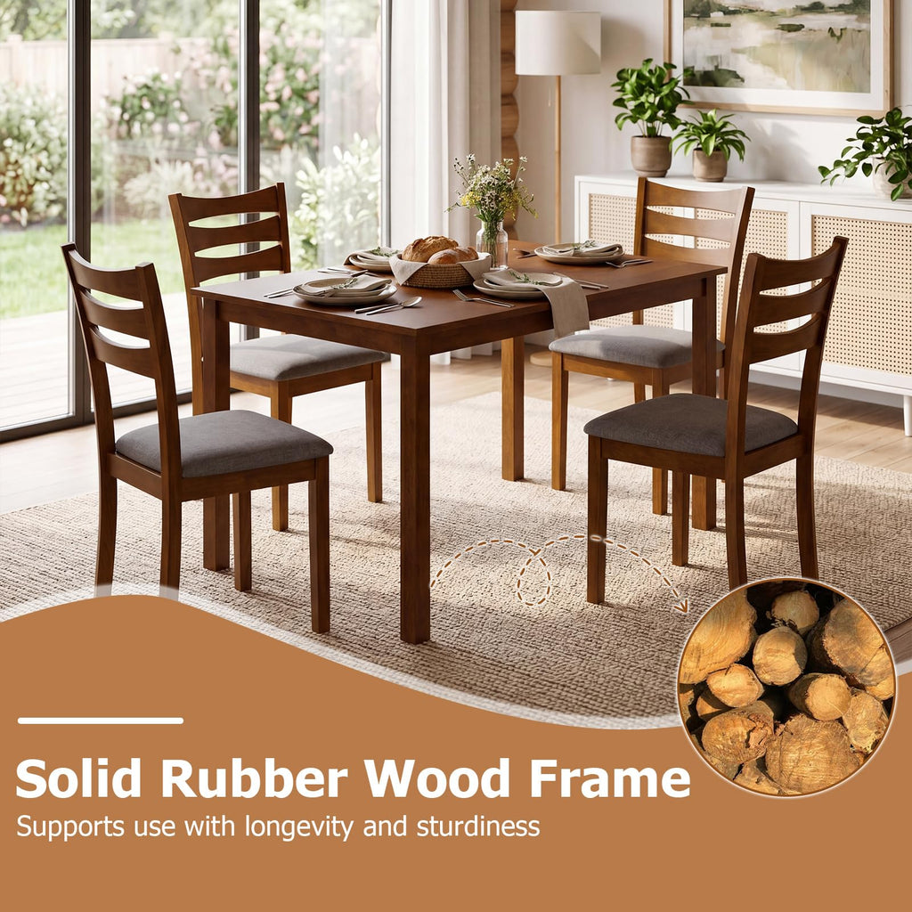 Dining Table Set for 4, Rectangular Kitchen Table Set w/ 4 Upholstered Chairs & Solid Rubber Wood Frame, Space-Saving