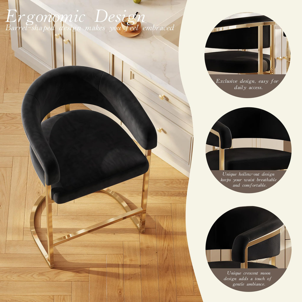 Modern Counter Height Bar Stools, Bar Stools Set of 4, Velvet Upholstered Barrel Barstools with Backs, 26" Kitchen