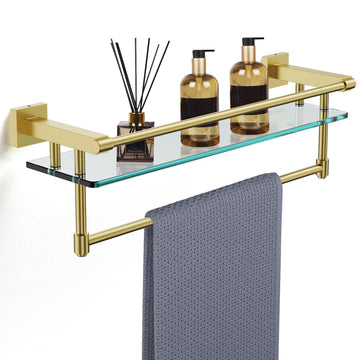 Bathroom Glass Shelf with Towel Rack Organizer Wall-Mounted Bathroom Storage Stainless Steel Track