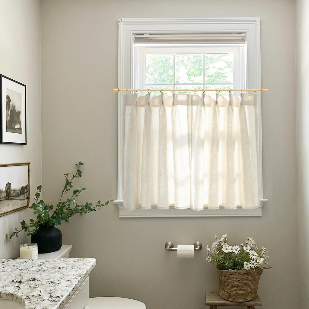 Pinch Pleat Cafe Curtains 24 Inch Length Window Over Sink, Cream Linen Light Filtering Sheer Farmhouse Style Mini