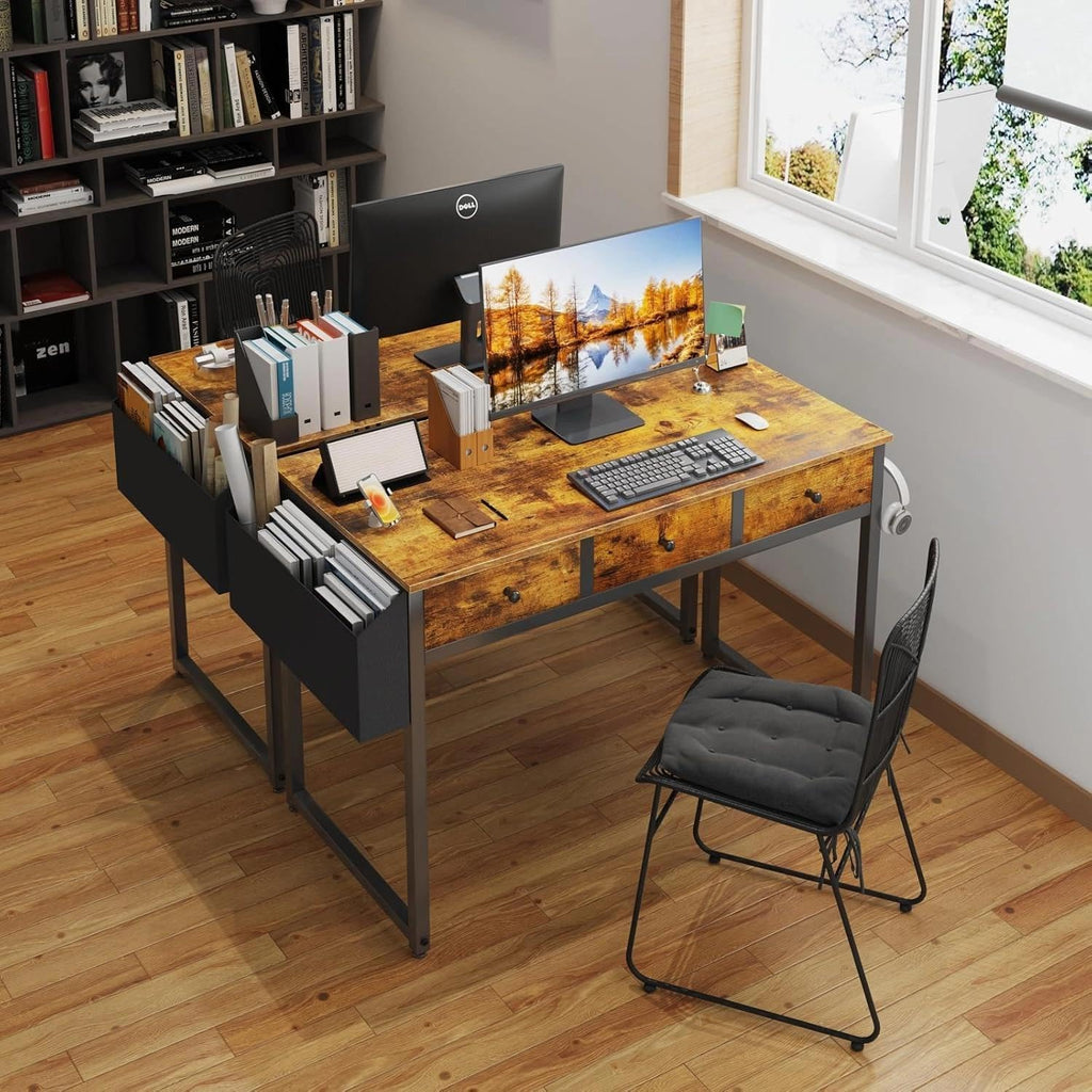 40 Inch Desk with Drawers - 39 Inch Home Office Desks with 3 Fabric Storage Drawer and Pocket, Study Writing Table