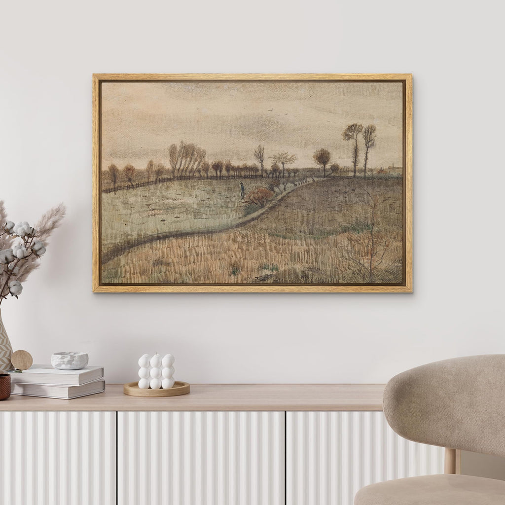 Framed Canvas Print Wall Art Vincent van Gogh Early Landscape with Farmer Field Illustrations Modern Art Bohemian