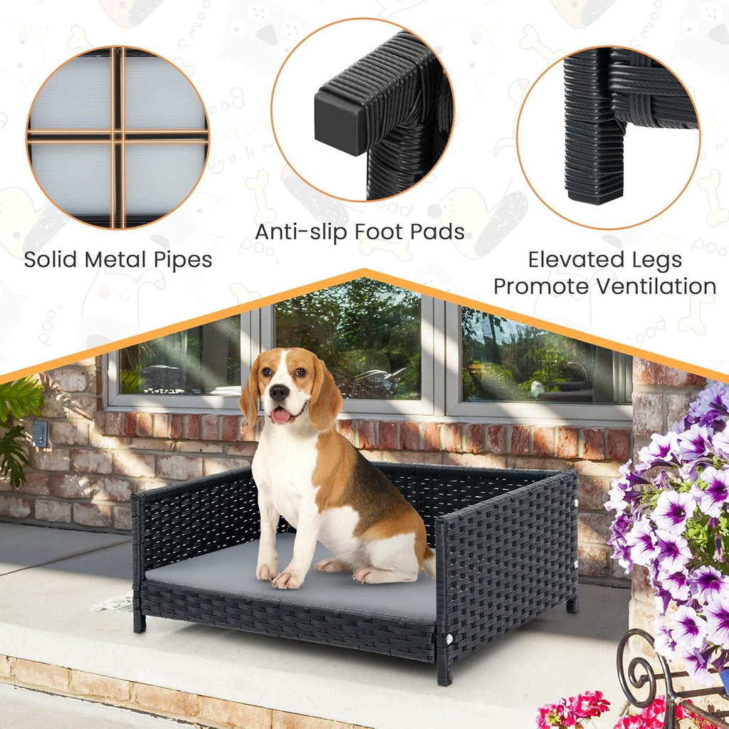 Wicker Dog Bed, Rattan Pet Bed with Metal Frame, Soft Waterproof Removable Cushion, Elevated Indoor Outdoor Dog Couch