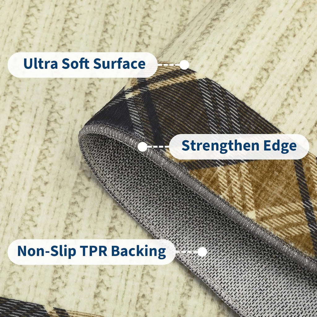 Extra-Large Machine Washable Area Rugs 10x13 Modern Plaid Bordered Living Room Rug with Anti-Skid Rubber Backing