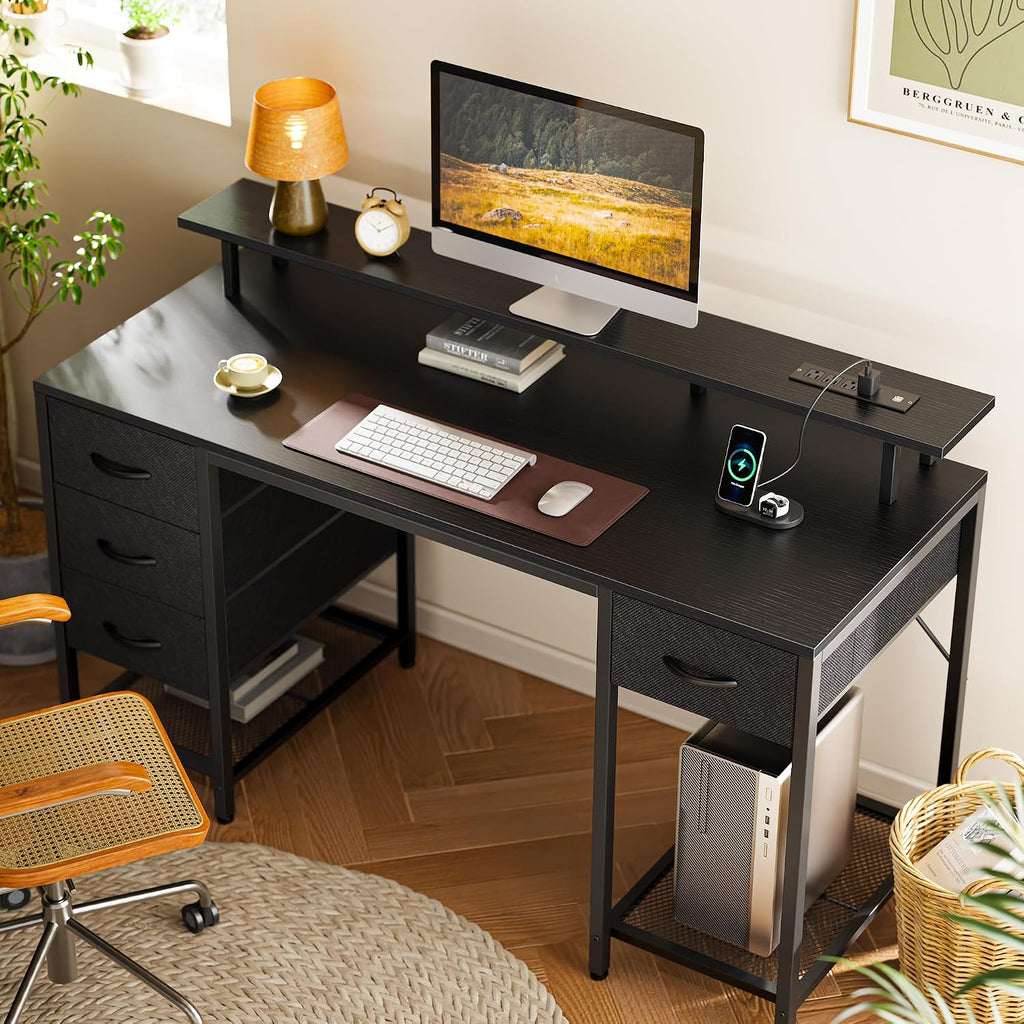 55 inch Computer Desk with Power Outlets & 4 Drawers | Gaming Desk with LED Lights, Home Office Desk with Large