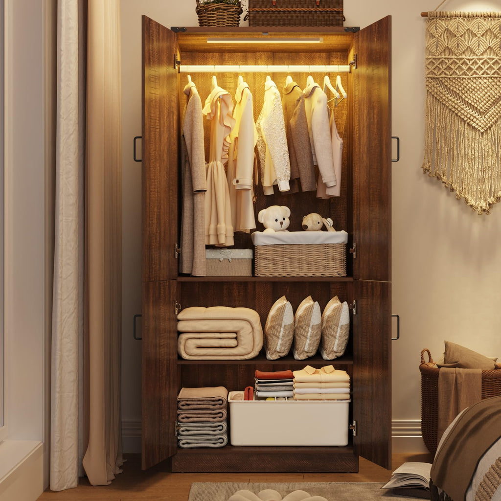 75" Tall Farmhouse 2 Doors Armoire Wardrobe Closet with LED, Freestanding Closet Wardrobe Cabinet with Hanging