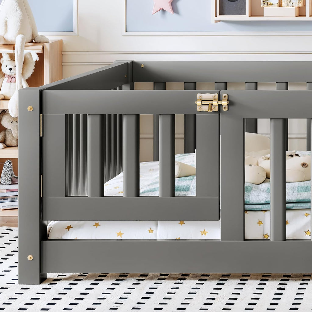 Full Size Montessori Floor Bed Frame with Slats and Fence for Kids, Gray