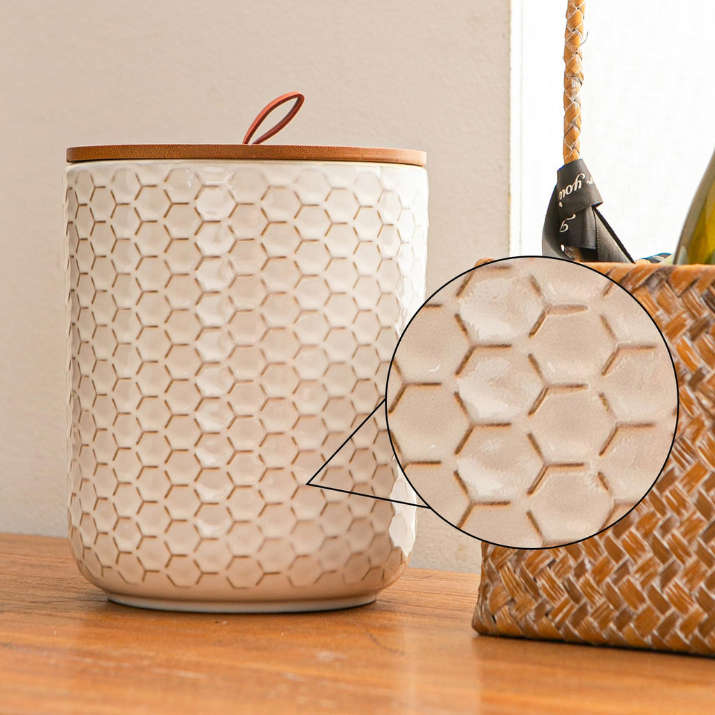 White Embossed Ceramic Canister 3 Piece with Airtight Bamboo Lid