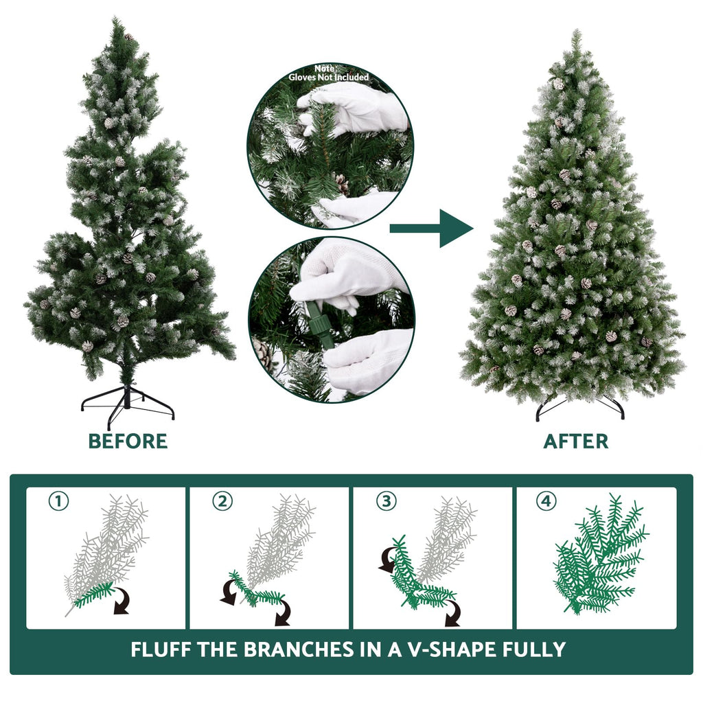6ft Pre-Lit Pre-Decorated Pine Hinged Artificial Full Spruce Christmas Tree w/ 970 Flocked Branch Tips, 60 Pine