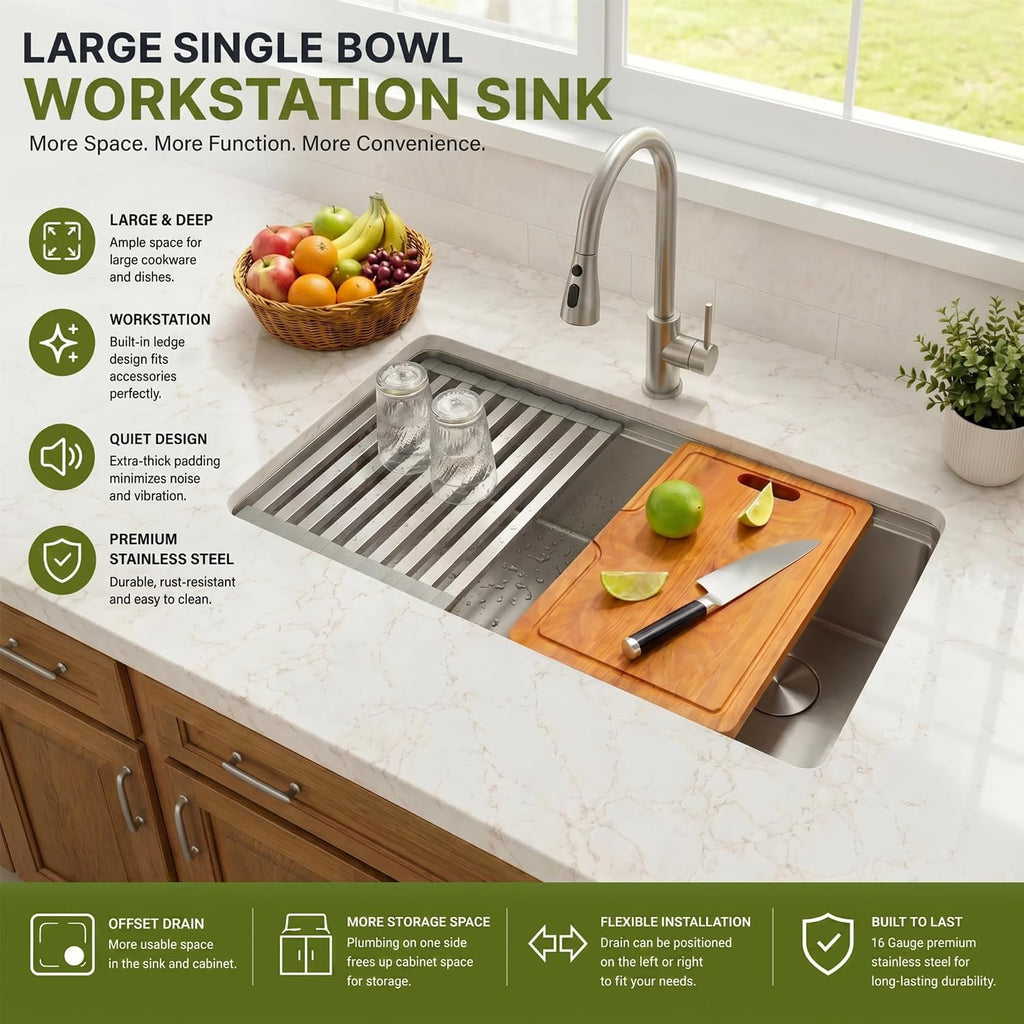 Undermount Kitchen Sink 32 inch,16 Gauge Stainless Steel Workstation Sinks,Large Single Bowl Kitchen Sink Offset