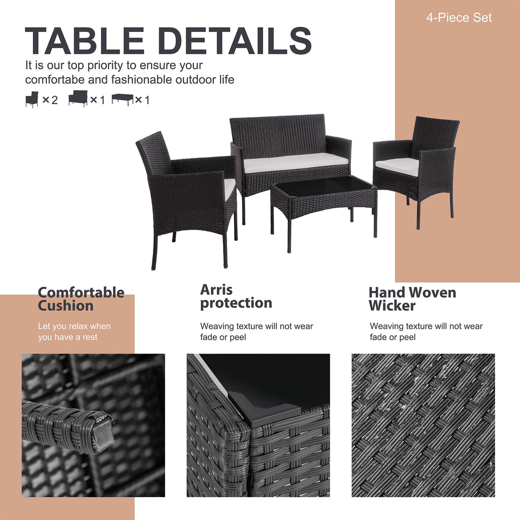 4 Piece Outdoor Patio Furniture Sets, Small Wicker Patio Conversation Furniture Rattan Chair Set with Tempered Glass