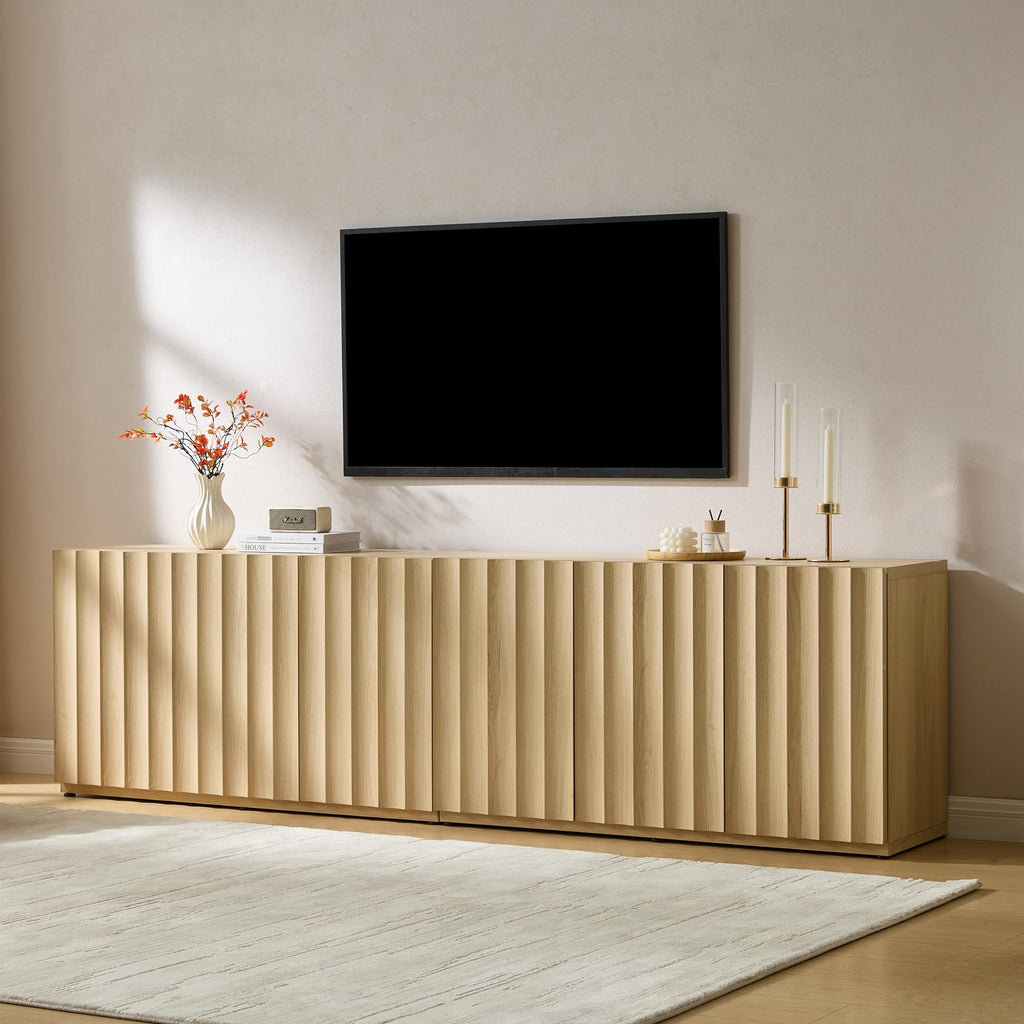 46.96" TV Stand, Fluted Mid-Century Modern 3 Doors, Light Oak
