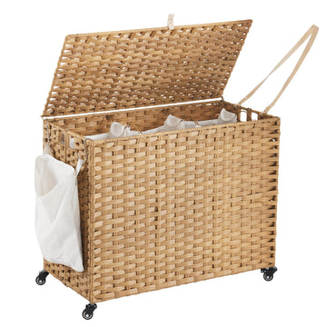 Laundry Hamper with Wheels, 52.8 Gallon(200L) Rolling Laundry Basket with Lid, 3-Section Rattan Clothes Hamper with 3