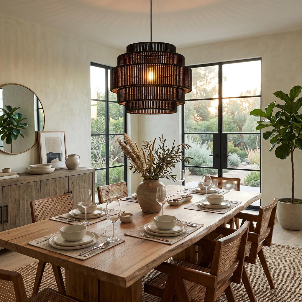 5-Tier Boho Rattan Chandelier Light Fixture, 13" Black Pendant Light with Hand Woven Hemp Rope Lampshade, Small